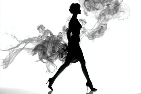 A dynamic silhouette of a model walking in heels, with dress and shoes formed from smoke trails. Set against a high-contrast background, this abstract image is ideal for fashion themes.の素材