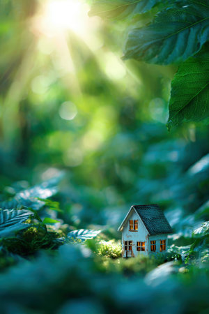 Cinematic close-up of a miniature house in a vibrant natural setting, with sunlight filtering through leaves and bright green bokeh, symbolizing eco-friendly living.の素材