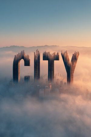 A stylized skyline made of smoke letters forming "CITY," each letter resembling a skyscraper silhouette against a soft dawn background. Playful and imaginative design.の素材