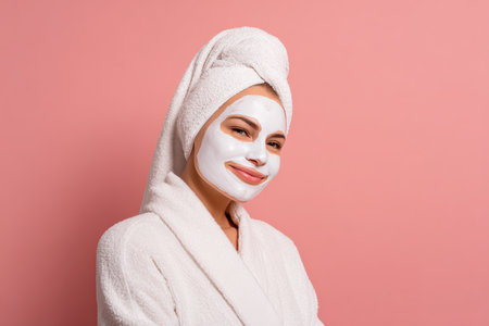 A woman in a spa robe with a white face mask smiles softly, embodying clean beauty and modern lifestyle themes against a bright pink background.の素材