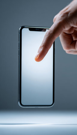 A macro photograph capturing a finger poised to touch a blank smartphone screen, highlighting the theme of technology and human interaction in a minimalist style.の素材