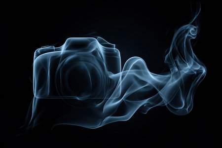 A camera icon crafted from soft, flowing smoke against a sleek black background. The wisps create a modern structure with translucent edges, adding a sense of motion and elegance.の素材