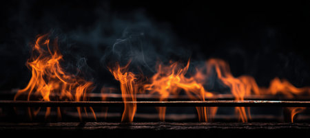 A captivating macro shot of bright orange flames licking metal bars, featuring soft smoke trails and dramatic lighting. The minimal composition and dark theme enhance the visual impact.の素材