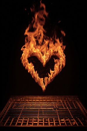 Stylized digital artwork depicting flames forming a heart shape above a grill, symbolizing love and warmth. The image features romantic lighting and artistic realism.の素材