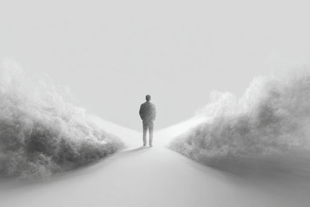 A person made of soft gray smoke stands at a crossroads with two diverging paths on a light background. This minimalistic image symbolizes decision-making and life's choices.の素材