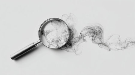 A magnifying glass icon creatively formed from smoke, featuring light-gray swirls for the lens and a gently fading handle, set against a clean white background.の素材