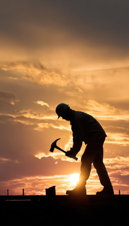 Artistic silhouette of a construction worker hammering against a vibrant sunset sky. The golden tones symbolize perseverance, effort, and dedication in the construction industry.の素材