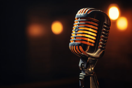 A vintage microphone is illuminated by warm amber light against a dark, moody background, creating a cinematic retro aesthetic. The scene evokes a classic performance atmosphere.の素材