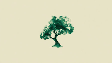 A tree icon crafted from swirling green smoke, forming a subtle trunk and branches, set against a cream background. Ideal for eco-branding and modern, natural concepts.の素材
