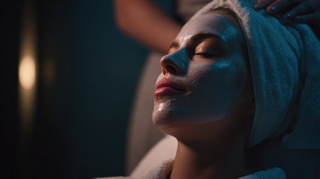 A young woman enjoys a calming skincare treatment as an aesthetician applies a cream mask. The setting is a luxurious spa with gentle lighting, creating a serene and cinematic atmosphere.の素材