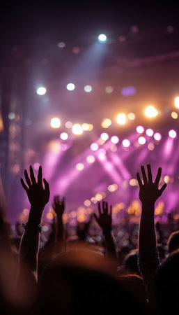 A captivating concert scene with fans waving their hands to the music. The stage is illuminated with dreamy golden and violet lighting, creating an emotional and immersive atmosphere.の素材