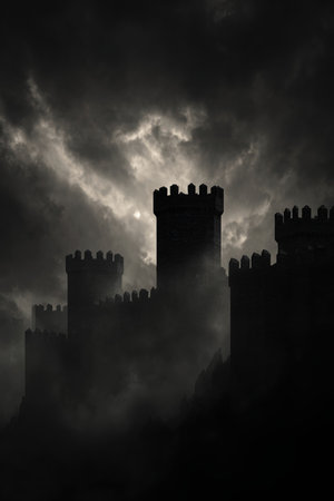 A dramatic silhouette of fortress towers and walls crafted from dense smoke shapes, set against a stormy sky. The scene evokes themes of strength, history, and mystery.の素材