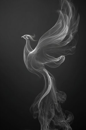 A striking phoenix silhouette crafted from soft, flowing smoke against a charcoal gray backdrop. The wisps curl gracefully, forming a bold, symbolic structure with translucent edges.の素材