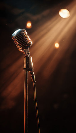 A vintage microphone stands on an empty stage, illuminated by a spotlight. The chrome details glisten, creating a moody and cinematic atmosphere, evoking anticipation.の素材