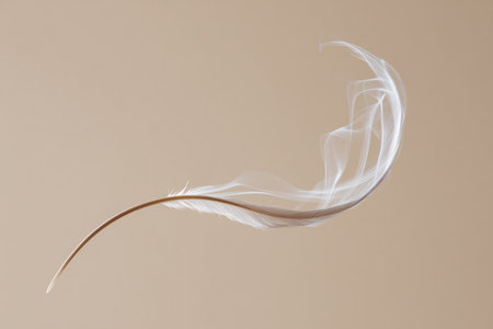 A single feather crafted from soft white smoke, elegantly curving upward against a cream background. Ideal for purity-themed branding or luxury packaging design.の素材