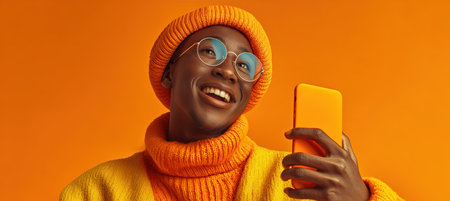 A joyful influencer interacts with a smartphone against a vibrant orange background, embodying social media creativity and modern commercial lifestyle themes.の素材