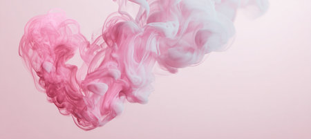 A heart shape formed by soft pink and white smoke tendrils elegantly swirls on a light pastel background. Ideal for romantic, wellness, and love-themed designs and branding.の素材