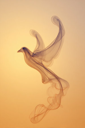 A bird shape crafted from soft, flowing smoke appears against a sunrise gradient background. The wisps curl gracefully, creating a free and uplifting structure with translucent edges.の素材