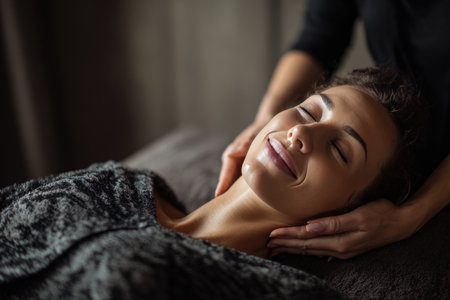 A massage therapist gently works on a smiling client in a tranquil spa setting. The minimalist composition and calm aesthetic enhance the serene atmosphere of relaxation and wellness.の素材