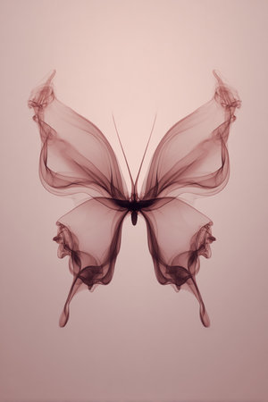 A butterfly with open wings crafted from layered, semi-transparent smoke, softly glowing on a light rose background. The image showcases elegant symmetry and minimal style.の素材