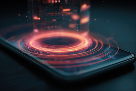 Close-up of a smartphone projecting holographic data with glowing visuals and neon tones, showcasing a futuristic digital art style. Perfect for tech and innovation themes.の素材