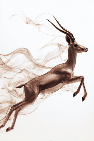 A gazelle captured mid-leap with flowing smoke trails on a clean white background. This dynamic and conceptual design is ideal for sportswear branding and creative projects.の素材