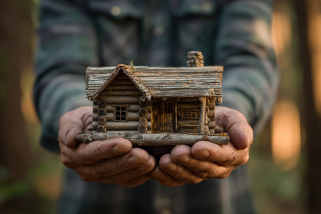 A pair of male hands gently supports a rustic wooden cabin model against a blurred forest backdrop. The warm evening tones and natural colors create a storytelling composition.の素材