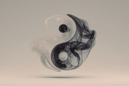 Elegant yin-yang symbol crafted from intertwined black and white smoke, set against a soft gray background. The translucent textures and smooth flow create a symbolic, balanced image.の素材