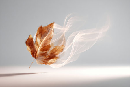 A leaf, crafted from drifting smoke, captured mid-air with motion blur. Set against a clean background, this image is ideal for natural product branding and seasonal themes.の素材