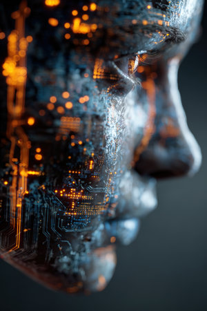 Profile portrait depicting the integration of the human mind with digital circuits and code. The image features glowing blue and orange tones, illustrating the concept of human-machine connection.の素材