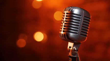 Close-up of a vintage chrome microphone set against a glowing orange backdrop, evoking a jazz club ambiance. The cinematic lighting enhances the artistic concert setting.の素材