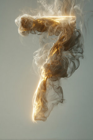 Artistic depiction of the number 7 created from rising vertical smoke trails with a subtle glow. Set against a soft, muted background, ideal for numerology or data-themed designs.の素材