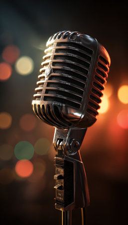 A classic vintage microphone shines under warm, cinematic lighting, evoking a retro music night ambiance. The minimalistic background enhances the microphone's realistic tone.の素材