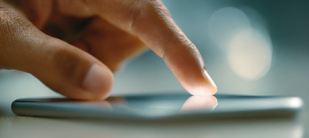 High-detail macro image of a finger touching a smartphone screen, showcasing a minimalist tech concept with a soft bokeh background. Emphasizes tactile interaction with technology.の素材
