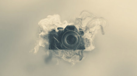 A camera icon crafted from layered smoke, subtly outlined on a soft monochrome background. Ideal for photography business branding and media design.の素材