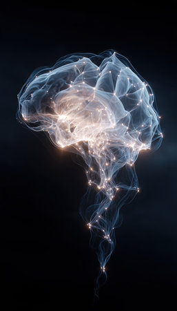 A neural network brain structure visualized with dynamic smoke lines and glowing nodes, set against a black tech background. Ideal for AI and technology-themed projects.の素材