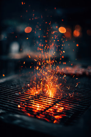 A dramatic close-up of a red-hot fire on a grill, with sparks flying upward. Captured in warm, moody lighting, this image conveys energy and passion in a cinematic realism style.の素材