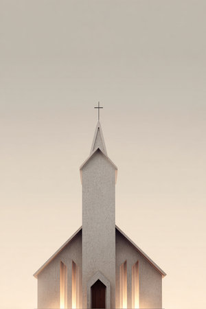 A minimalist church facade featuring a steeple and cross, crafted from vertical smoke shapes. The structure glows subtly against a pale, spiritual sky, symbolizing faith and serenity.の素材