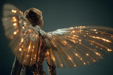 A surreal depiction of cardboard wings evolving into digital holograms, set in a futuristic dreamscape. The glowing ambient lighting enhances the high-tech visual art style.の素材