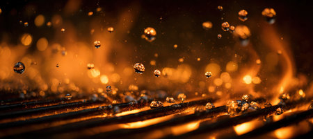 Dramatic macro shot capturing the interaction of flames and water drops above a grill. The high-speed capture highlights detailed textures and the sizzling moment in cinematic style.の素材