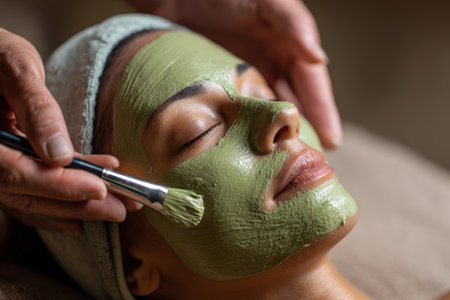 A beautician gently applies a herbal green mask to a woman's face, promoting relaxation and organic skincare. The serene setting enhances the calming mood of the natural spa treatment.の素材