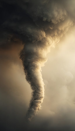 A powerful tornado vortex made of thick gray smoke twists upward against a stormy gradient background. This dramatic abstraction is ideal for conceptual posters or scientific themes.の素材