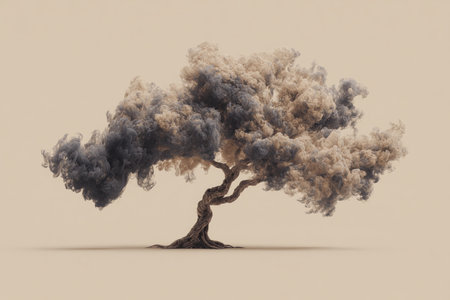 A tree formed entirely of swirling smoke, with branches spreading in natural asymmetry, floats against a pale beige background. Ideal for eco-branding and creative design concepts.の素材