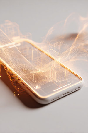 A creative 3D mobile app layout wireframe depicted with glowing smoke lines, floating on a clean white canvas. This minimal UI abstraction is ideal for design presentations.の素材