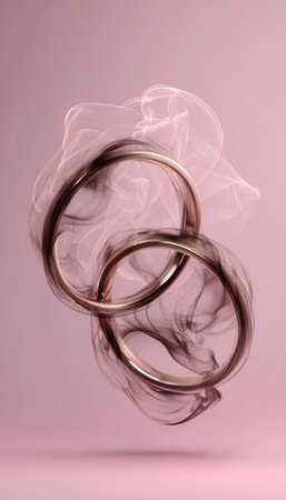 Elegant interlocking rings formed from smoke, floating on a soft pink background. Ideal for wedding branding or luxury gift packaging, this abstract design exudes romance and sophistication.の素材