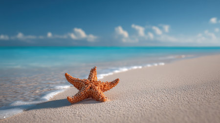 A single starfish rests on sandy beach under a vivid blue sky, with soft sunlight creating a calm, natural aesthetic. The serene ocean waves gently touch the shore.の素材