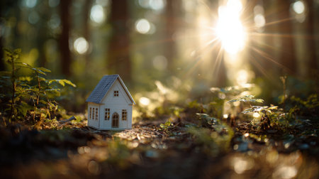 A white toy house sits on a forest floor, illuminated by a sunlight flare. This artistic photo realism captures the harmony between nature and environment.の素材