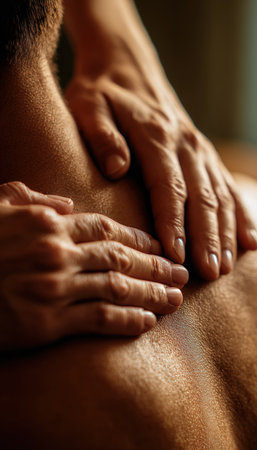 Cinematic macro shot of a therapist's hands gently massaging shoulders, highlighting skin texture and a warm golden tone, emphasizing relaxation and therapeutic touch.の素材