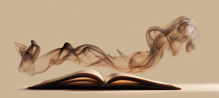 An open book silhouette crafted from soft, flowing smoke against a light tan background. The wisps curl gracefully, creating an imaginative and serene visual with translucent edges.の素材