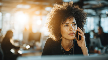 A professional woman engages in a phone call within a modern coworking space. The setting features realistic office lighting, capturing an authentic moment of collaboration and focus.の素材